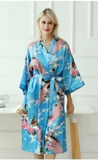 𝅺ONLYSHE Blue Pink Satin Peacock Robe - Picture 1 of 3